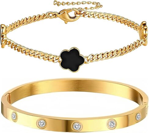 18K Gold Bracelets Floral Bracelets for Women, 2Pcs Stackable Gold Plated Cubic Zirconia Friendship Bangle Bracelet Floral Bracelet Jewelry Kit, in Saudi Arabia