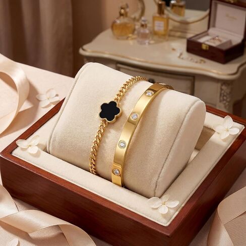 18K Gold Bracelets Floral Bracelets for Women, 2Pcs Stackable Gold Plated Cubic Zirconia Friendship Bangle Bracelet Floral Bracelet Jewelry Kit, in Saudi Arabia