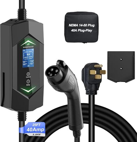 شاحن المستوى 2 EV لـ Tesla ، شاحن NACS EV مع سلك ETL مسبق 25 قدمًا ، 6A-40A AMP قابل للتعديل ، 40A 9.6KW الشحن السريع (110V-240V) ، NEMA 14-50 PLUC in Kuwait
