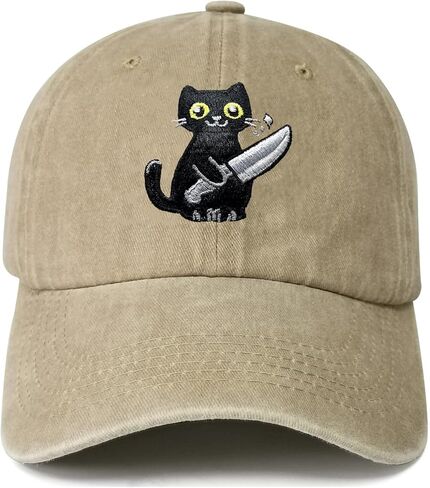 Yuawoi Black Cat with Knife Embroidered Baseball Cap Unisex Adjustable Strap, Casual Style in Kuwait