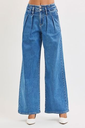 Full Size Mid Rise Fit Wide Leg with Pleated Detail Jeans Plus Size in Saudi Arabia