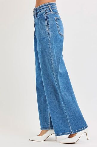 Full Size Mid Rise Fit Wide Leg with Pleated Detail Jeans Plus Size in Saudi Arabia