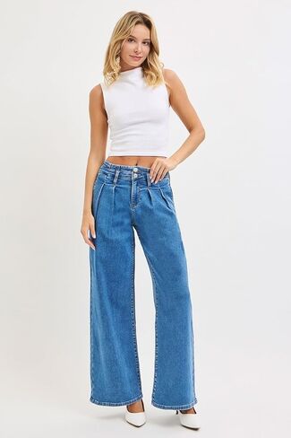 Full Size Mid Rise Fit Wide Leg with Pleated Detail Jeans Plus Size in Saudi Arabia