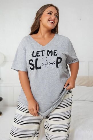 NANYUAYA Plus Size Women’s Pajama Sets, Soft Loungewear V Neck Short Sleeve Carpri Pant with Pockets Sleepwear PJs 1X-5X in Kuwait