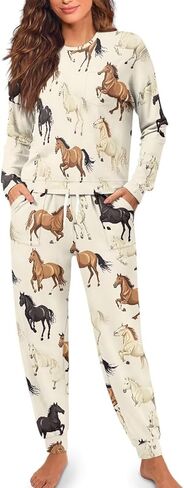 WHUVUMFY طقم صالة نسائي طويل الأكمام ناعم بيجامة مجموعات عادية 2 قطعة Pj الزي Crewneck ملابس خاصة مع جيوب حجم كبير in Kuwait