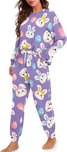 WHUVUMFY طقم صالة نسائي طويل الأكمام ناعم بيجامة مجموعات عادية 2 قطعة Pj الزي Crewneck ملابس خاصة مع جيوب حجم كبير in Kuwait