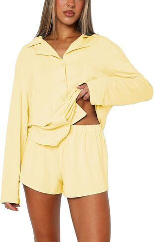 Yoawdats Women 2 Piece Button Down Pajamas Set Cotton Long Sleeve Shirt + Shorts Sleepwear Soft Pj Lounge Set Fall Nightwear in Saudi Arabia