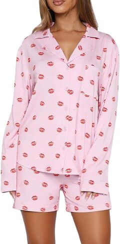 Yoawdats Women 2 Piece Button Down Pajamas Set Cotton Long Sleeve Shirt + Shorts Sleepwear Soft Pj Lounge Set Fall Nightwear in Saudi Arabia