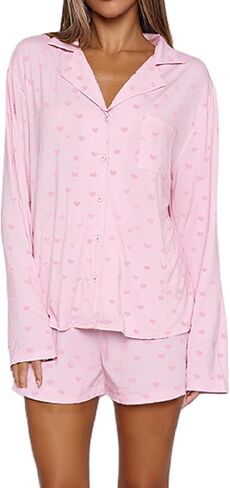 Yoawdats Women 2 Piece Button Down Pajamas Set Cotton Long Sleeve Shirt + Shorts Sleepwear Soft Pj Lounge Set Fall Nightwear in Saudi Arabia
