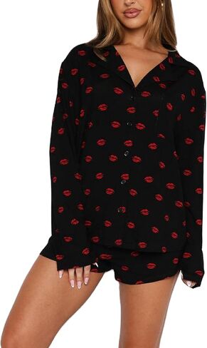 Yoawdats Women 2 Piece Button Down Pajamas Set Cotton Long Sleeve Shirt + Shorts Sleepwear Soft Pj Lounge Set Fall Nightwear in Saudi Arabia