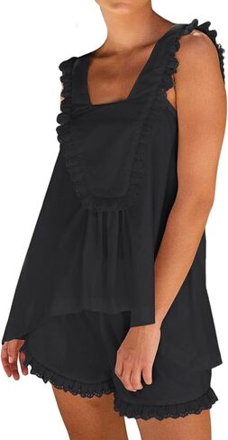 Wyeysyt طقم بيجامات نسائي مكون من قطعتين من القطن المكشكش Pj Lounge Sets Trim Cami Top and Shorts مجموعة ملابس النوم in Kuwait