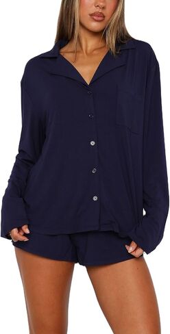Yoawdats Women 2 Piece Button Down Pajamas Set Cotton Long Sleeve Shirt + Shorts Sleepwear Soft Pj Lounge Set Fall Nightwear in Saudi Arabia