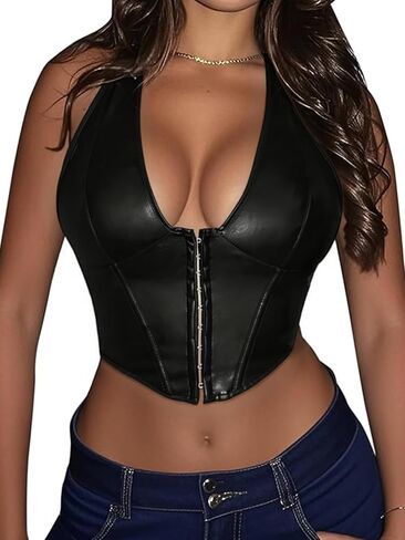 Women's Y2K Leather Halter Top Backless Corset Bustier Top Lace Up Sexy Going Out Crop Tank Halter Neck Party Club in Saudi Arabia
