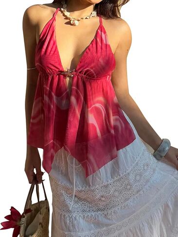 SHENHE Women's Metallic Starfish Mesh Sheer Ruffle Halter Shirt Backless Babydoll Peplum Tops in Saudi Arabia