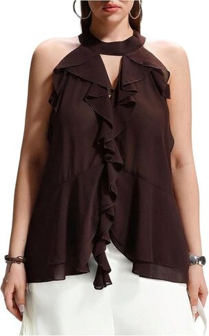 MakeMeChic Women's Plus Size Halter Ruffle Tops Going Out Cut Out Tie Back Sleeveless Tank in Saudi Arabia