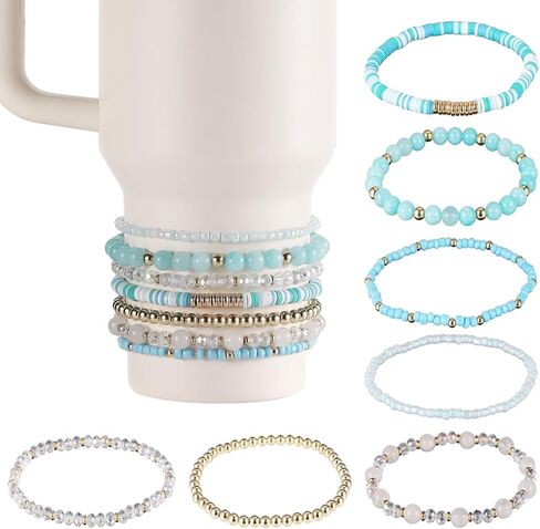 7pcs Bracelets for Stanley Cup, Different Design Bracelet Stack Delicate Beads Charm Bracelet Decoration, Accessories for Tumbler 40oz 30oz & 3in Diameter Cups (Blue) in Saudi Arabia