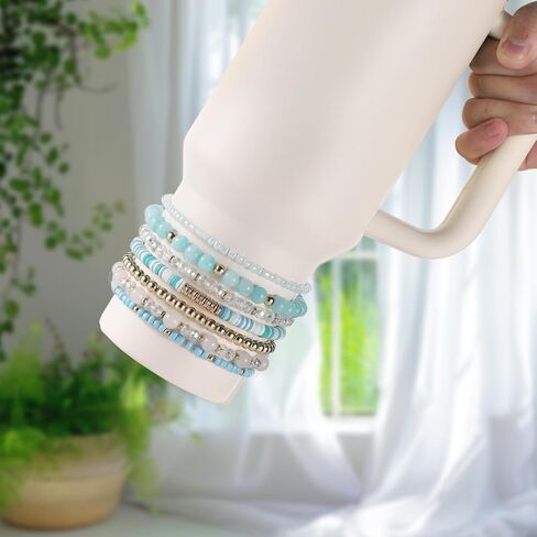 7pcs Bracelets for Stanley Cup, Different Design Bracelet Stack Delicate Beads Charm Bracelet Decoration, Accessories for Tumbler 40oz 30oz & 3in Diameter Cups (Blue) in Saudi Arabia