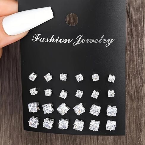 24Pcs Silver Plated White Cubic Zirconia Stud Earrings for Women Wedding Bridal Daily Evening Parties Wear Lightweight Jewelry Earring Gift for Her in Saudi Arabia
