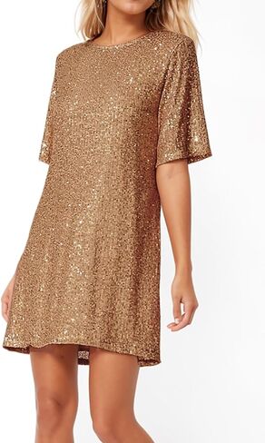 Umimore Women's Sequin Glitter Short Sleeve Mini Dress Crew Neck Sparkly Shimmer Cocktail Party Club Shift T-Shirt Dress in Kuwait