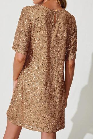 Umimore Women's Sequin Glitter Short Sleeve Mini Dress Crew Neck Sparkly Shimmer Cocktail Party Club Shift T-Shirt Dress in Kuwait