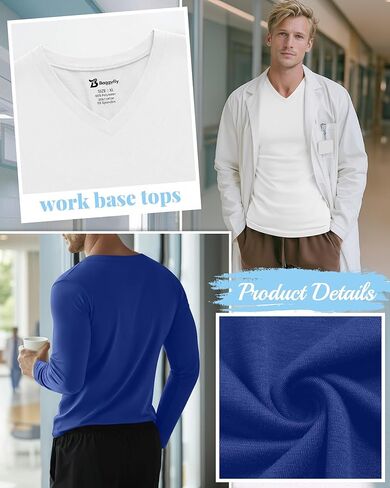 Baggyfly 4 Pack Men's Big and Tall Underscrub Tops, Comfort Long Sleeve V Neck Fitted Layering Shirt for Medical Uniforms in Kuwait