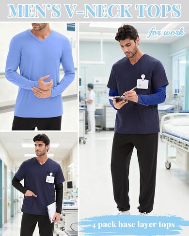 Baggyfly 4 Pack Men's Big and Tall Underscrub Tops, Comfort Long Sleeve V Neck Fitted Layering Shirt for Medical Uniforms in Kuwait