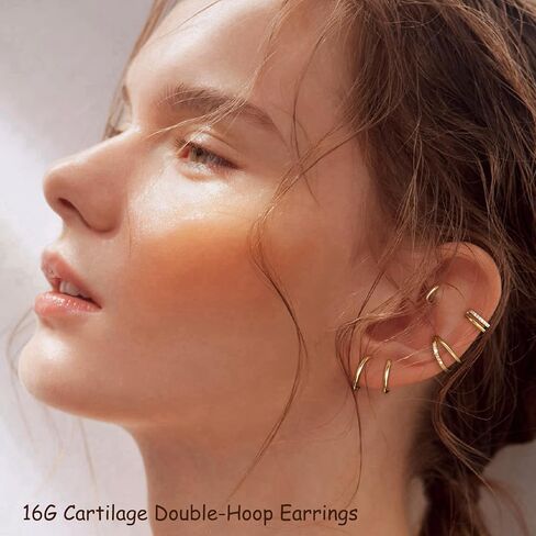 16G Cartilage Double-Hoop Earrings for Women Helix Conch Piercing with Cubic Zirconia 14K Gold Plated Tragus Piercing Surgical Steel Clicker Double Hoop Nose Ring in Saudi Arabia