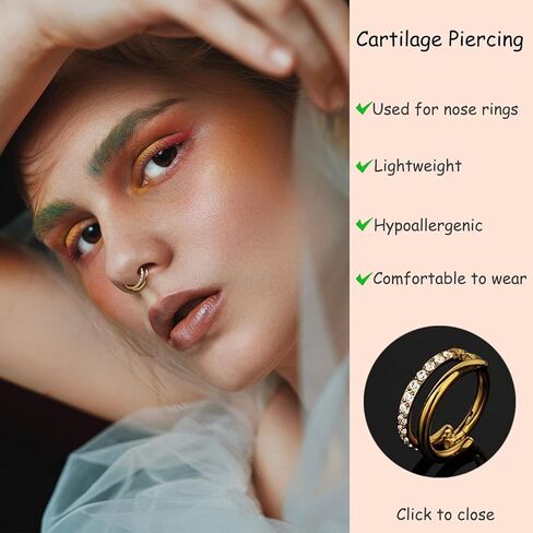 16G Cartilage Double-Hoop Earrings for Women Helix Conch Piercing with Cubic Zirconia 14K Gold Plated Tragus Piercing Surgical Steel Clicker Double Hoop Nose Ring in Saudi Arabia