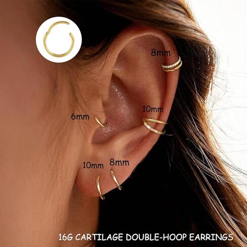 16G Cartilage Double-Hoop Earrings for Women Helix Conch Piercing with Cubic Zirconia 14K Gold Plated Tragus Piercing Surgical Steel Clicker Double Hoop Nose Ring in Saudi Arabia