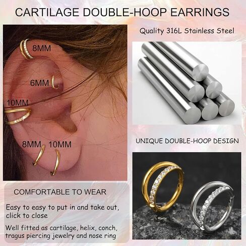 16G Cartilage Double-Hoop Earrings for Women Helix Conch Piercing with Cubic Zirconia 14K Gold Plated Tragus Piercing Surgical Steel Clicker Double Hoop Nose Ring in Saudi Arabia