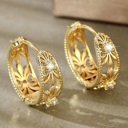 Gold Plated White Cubic Zirconia Floral Hoop Earrings for Women Daily Evening Parties Wear Lightweight Jewelry Earring Gift for Her in Saudi Arabia