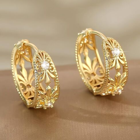Gold Plated White Cubic Zirconia Floral Hoop Earrings for Women Daily Evening Parties Wear Lightweight Jewelry Earring Gift for Her in Saudi Arabia