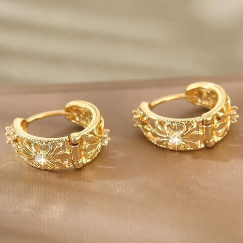 Gold Plated White Cubic Zirconia Floral Hoop Earrings for Women Daily Evening Parties Wear Lightweight Jewelry Earring Gift for Her in Saudi Arabia