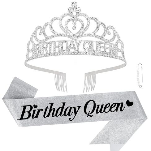 CURASA Silver Birthday Queen Sash and Crown for Girls Adult Woman Crystal Birthday Tiaras for Girls Princess Crowns Decoration for Party Gifts in Saudi Arabia