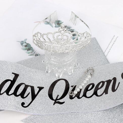 CURASA Silver Birthday Queen Sash and Crown for Girls Adult Woman Crystal Birthday Tiaras for Girls Princess Crowns Decoration for Party Gifts in Saudi Arabia