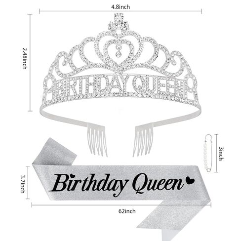 CURASA Silver Birthday Queen Sash and Crown for Girls Adult Woman Crystal Birthday Tiaras for Girls Princess Crowns Decoration for Party Gifts in Saudi Arabia