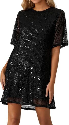 Umimore Women's Sequin Glitter Short Sleeve Mini Dress Crew Neck Sparkly Shimmer Cocktail Party Club Shift T-Shirt Dress in Kuwait
