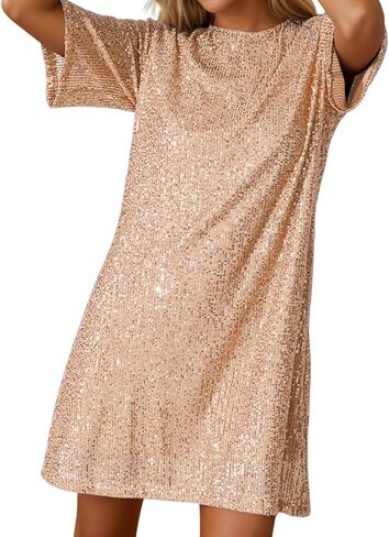 Umimore Women's Sequin Glitter Short Sleeve Mini Dress Crew Neck Sparkly Shimmer Cocktail Party Club Shift T-Shirt Dress in Kuwait