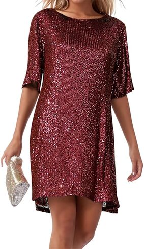 Umimore Women's Sequin Glitter Short Sleeve Mini Dress Crew Neck Sparkly Shimmer Cocktail Party Club Shift T-Shirt Dress in Kuwait