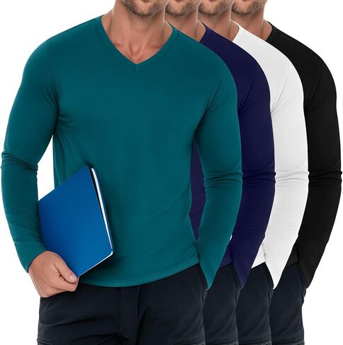 Baggyfly 4 Pack Men's Big and Tall Underscrub Tops, Comfort Long Sleeve V Neck Fitted Layering Shirt for Medical Uniforms in Kuwait