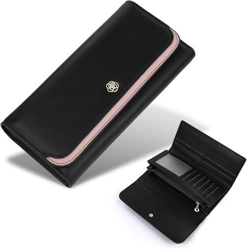 Feelorna Women’s Wallet, Large Capacity Long PU Leather Wallets with Multiple Card Slots and Zipper Coin Pocket, Portable Trifold Wallet with ID Window for Work and Travel (Black) in Saudi Arabia