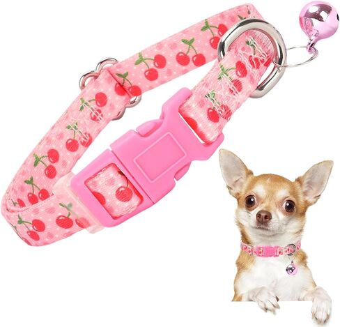 XS Dog Collar with Bell - Durable Nylon Collar for Small Breeds,Adjustable Cute Fruit Pattern Collar for Chihuahua Pomeranian Yorkie, Heavy-Duty for Active Puppies（Pink Strawberry XS） in Kuwait