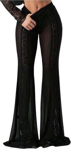 GORGLITTER المرأة الأزهار الدانتيل جرس أسفل السراويل بقماش شفاف بوهو القوطي مضيئة الساق مثير السراويل الطويلة طماق in Kuwait