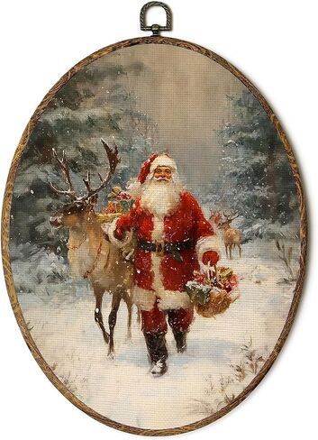 FSTCSV Christmas Santa Reindeer Oval Wall Art Framed, Winter Forest Christmas Santa Canvas Prints Wall Hanging Art, Vintage Rustic Xmas Snowy Winter Oval Walls Decor for Home Bedroom, 8.5x11.5in in Saudi Arabia