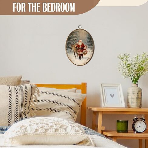 FSTCSV Christmas Santa Reindeer Oval Wall Art Framed, Winter Forest Christmas Santa Canvas Prints Wall Hanging Art, Vintage Rustic Xmas Snowy Winter Oval Walls Decor for Home Bedroom, 8.5x11.5in in Saudi Arabia