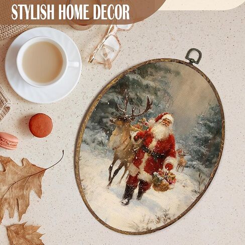 FSTCSV Christmas Santa Reindeer Oval Wall Art Framed, Winter Forest Christmas Santa Canvas Prints Wall Hanging Art, Vintage Rustic Xmas Snowy Winter Oval Walls Decor for Home Bedroom, 8.5x11.5in in Saudi Arabia