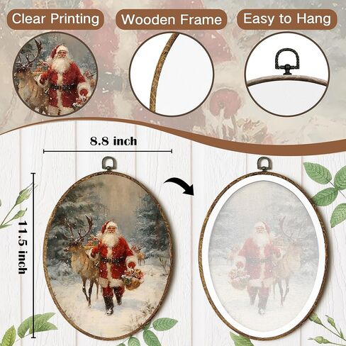 FSTCSV Christmas Santa Reindeer Oval Wall Art Framed, Winter Forest Christmas Santa Canvas Prints Wall Hanging Art, Vintage Rustic Xmas Snowy Winter Oval Walls Decor for Home Bedroom, 8.5x11.5in in Saudi Arabia