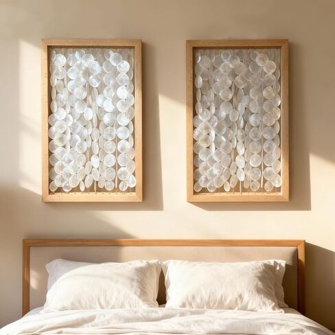 Vechor Handmade 24"x15.7" Capiz Shell Wall Art, Coastal Beach Décor，Solid Wood Frame, Natural White Seashell Hanging for Living Room, Bedroom, Office in Kuwait