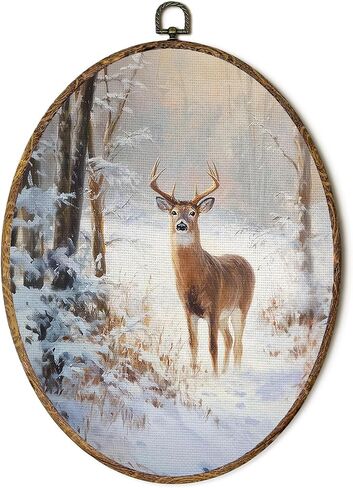 FSTCSV Christmas Santa Reindeer Oval Wall Art Framed, Winter Forest Christmas Santa Canvas Prints Wall Hanging Art, Vintage Rustic Xmas Snowy Winter Oval Walls Decor for Home Bedroom, 8.5x11.5in in Saudi Arabia