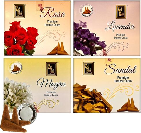 Natural Incense Cones | Rose, Lavender, Mogra (Jasmine) & Sandalwood | Variety Pack - 64 Total Cones (4 Scents x16 Cones) |Hand-Rolled, 100% Organic Non-Toxic, Chemical-Free| Extra Long, Slow Burning in Saudi Arabia